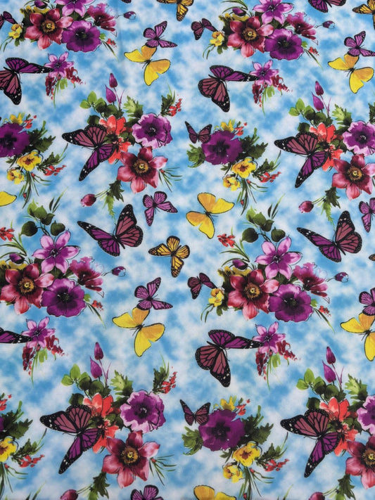 Blue Floral Butterfly Power Mesh Fabric