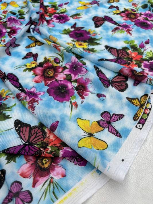 Blue Floral Butterfly Power Mesh Fabric