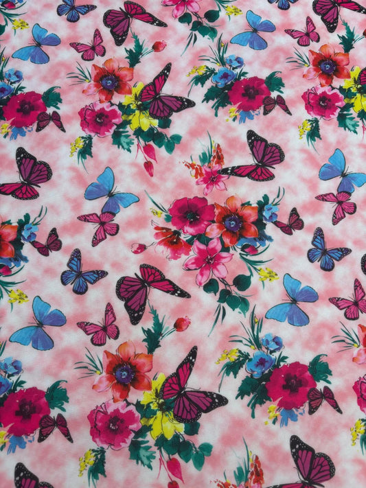 Pink Floral Butterfly Power Mesh Fabric